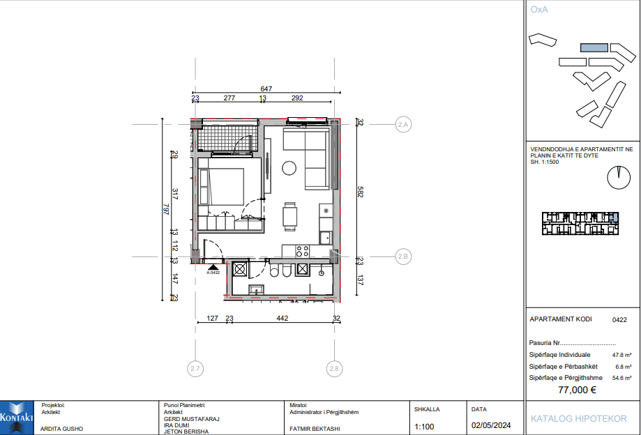Tirane, shes apartament 1+1+Ballkon Kati 2, 55 m² 72.000 € 