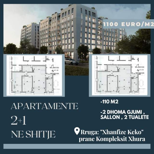 Tirane, shitet apartament 2+1+A+BLK 110 m² 1.100 Euro/m2 (Rruga Xhanfize Keko)