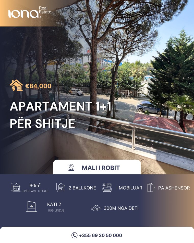 Mali Robit, shitet apartament 1+1 Kati 2, 60 m² 84.000 € 