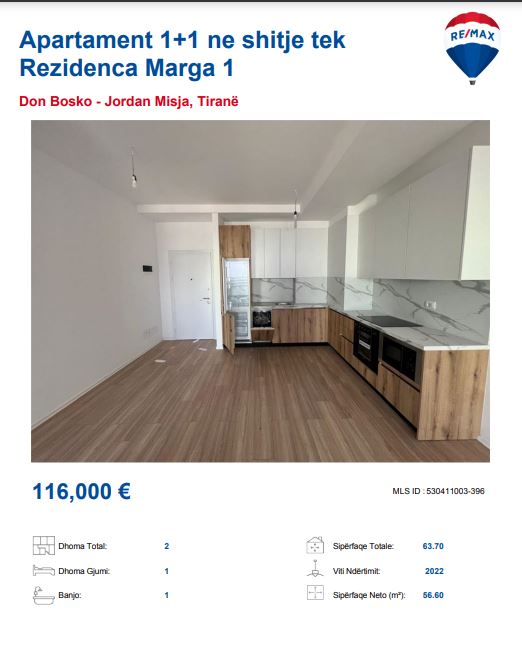 Tirane, shitet 1+1, Kati 4, 56 m² 116,000 € (KOMPLEKSI MARGA DON BOSCO)