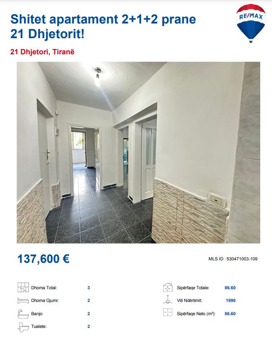 Tirane, shitet apartament 2+1 Kati 3, 86 m² 136.700 € (te 21 dhjetori)