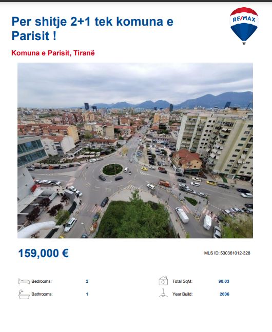 Tirane, shitet 2+1, Kati 8, 159,000 € (KOMUNA E PARISIT TE LULISHTJA)