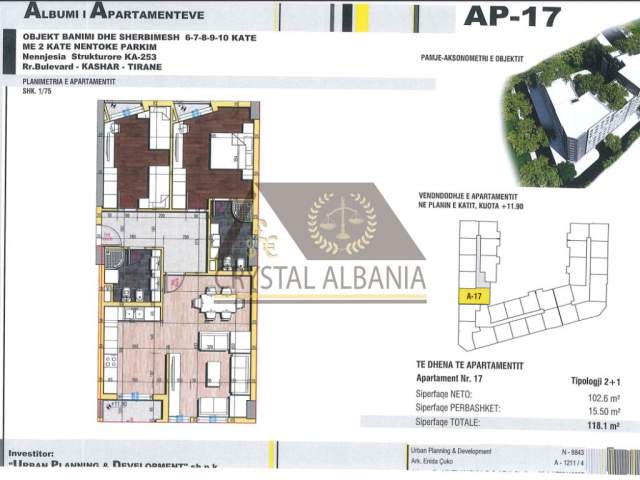 Tirane, shitet apartament 2+1+BLK Kati 3, 118 m² 800 Euro/m2 (Bulevardi i Kasharit)