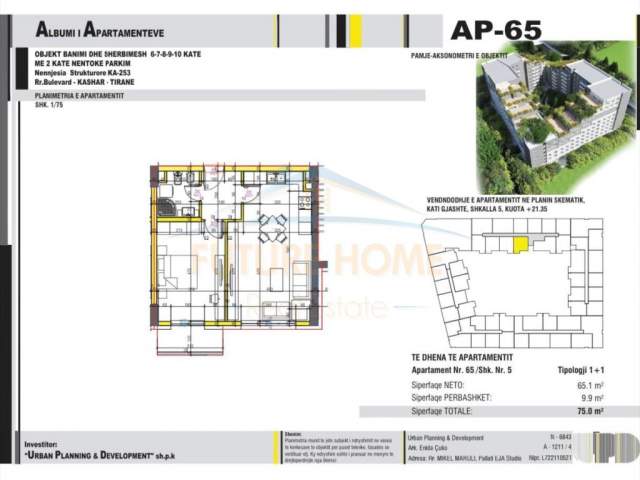 Tirane, shes apartament 1+1+BLK Kati 6, 75 m² 63.750 Euro (Unaza e Re)