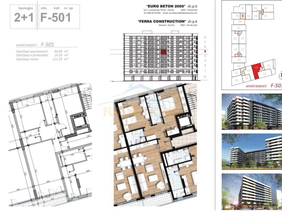 Tirane, shitet apartament 2+1 Kati 5, 111 m² 166.000 € (Don Bosko)