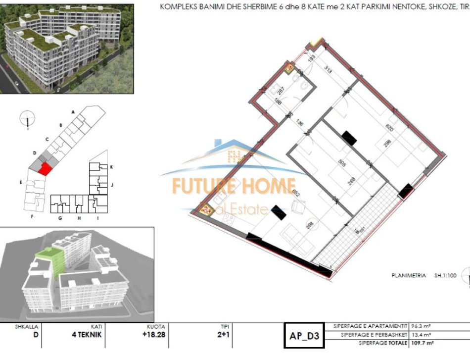 Tirane, shitet apartament 2+1 Kati 7, 96 m² 108.600 € (Shkoze)