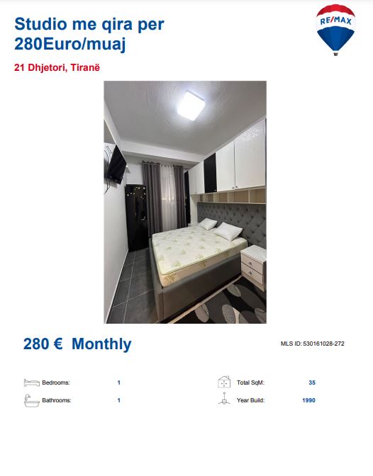 Tirane, jepet me qera 1+1, Kati 2, 30 m² 280 € (TE 21 DHJETORI)