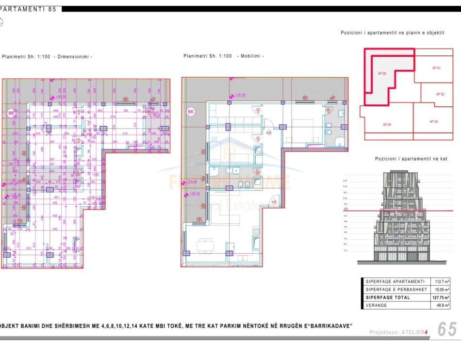 Tirane, shitet apartament 2+1+Aneks+Ballkon Kati 8, 128 m² 395.850 € (Rruga e Barrikadave)