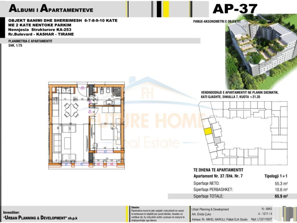 Tirane, shitet apartament 1+1 Kati 6, 66 m² 83.690 € (Unaza e Re)
