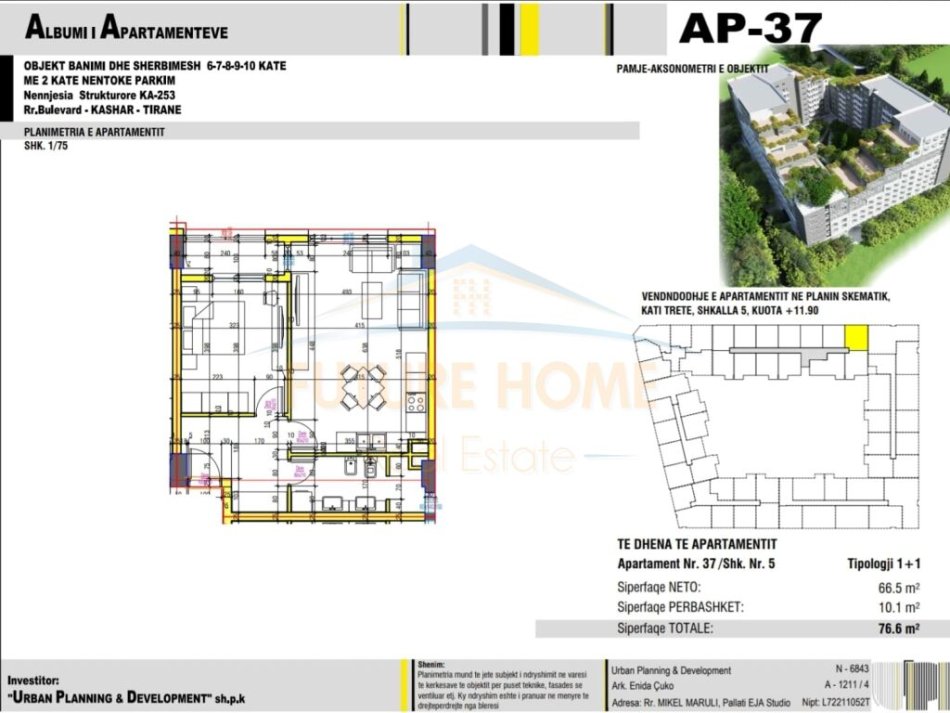 Tirane, shitet apartament 1+1 Kati 3, 77 m² 95.750 € (Unaza e Re)