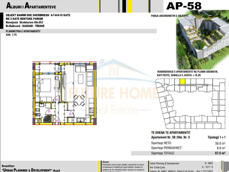 Tirane, shitet apartament 1+1 Kati 5, 68 m² 85.725 € (Unaza e Re)