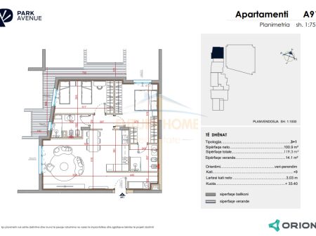 Shitet apartament 3+1 Kati 9, 119 m²  (Park Avenue, Bulevardi i Ri, Tirane, AREA41643)