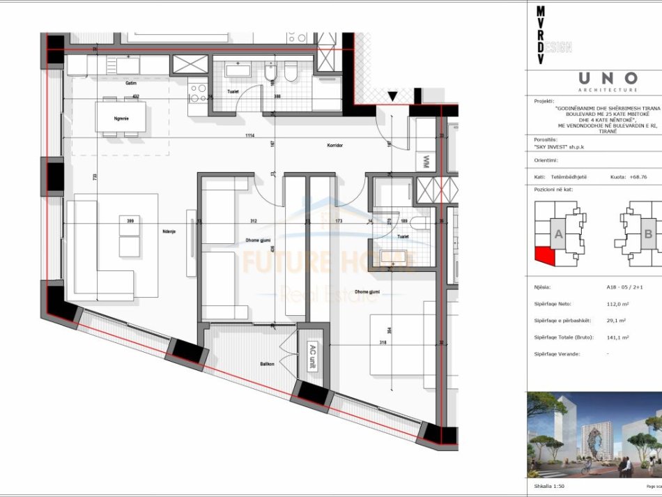 Tirane, shitet apartament 2+1+Ballkon Kati 18, 141 m², 366.860 € (Bulevardi i Ri)