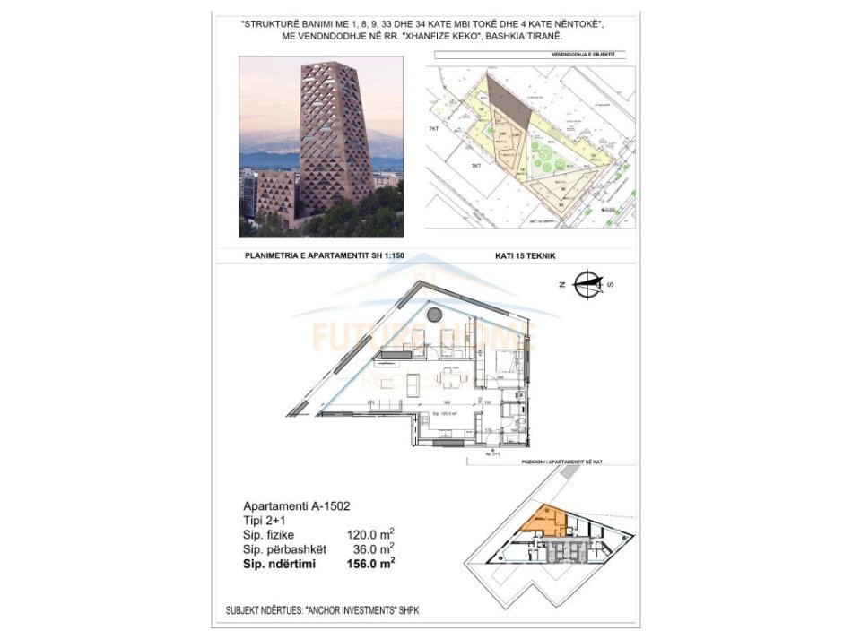 Tirane, shitet apartament 2+1 Kati 15, 156 m² 234.000 € (Porcelan)