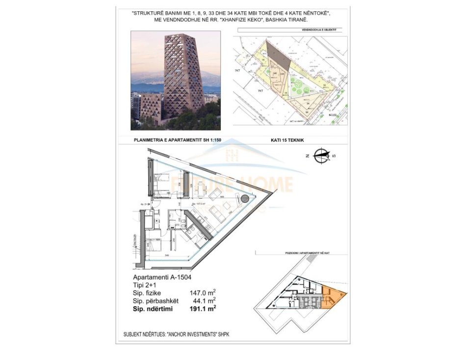 Tirane, shitet apartament 2+1 Kati 15, 156 m² 234.000 € (Porcelan)