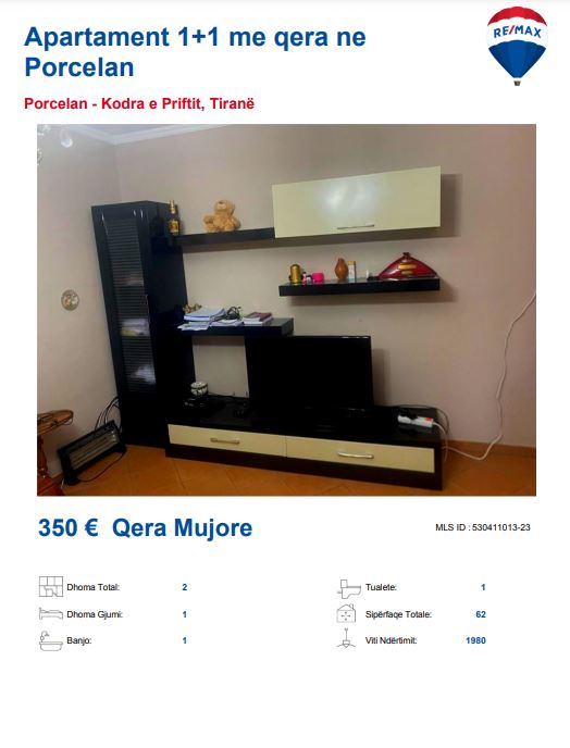 Tirane, jepet me qera apartament 1+1, Kati 7, 50 m² 350 € (PORCELAN)
