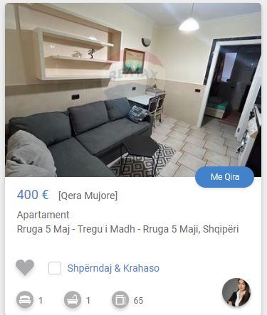 Tirane, jepet me qera apartament 1+1 Kati 2, 55 m² 400 € (Rruga 5 Maj Tregu)