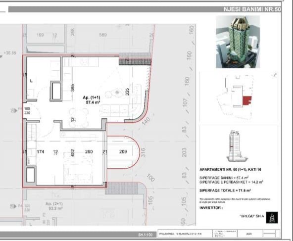 Tirane, shes apartament 1+1+Ballkon Kati 10, 72 m² 199.000 € (Bazaar Gate Prane Pazarit te Ri)
