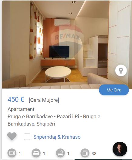Shqiperi, jepet me qera garsonier 1+1 Kati 3, 37 m² 450 € (Rruga e Barrikadave Pazar i RI)