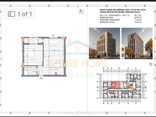 Tirane, shitet apartament 1+1+BLK Kati 10, 72 m² 79.500 Euro (Fusha e Aviacionit)