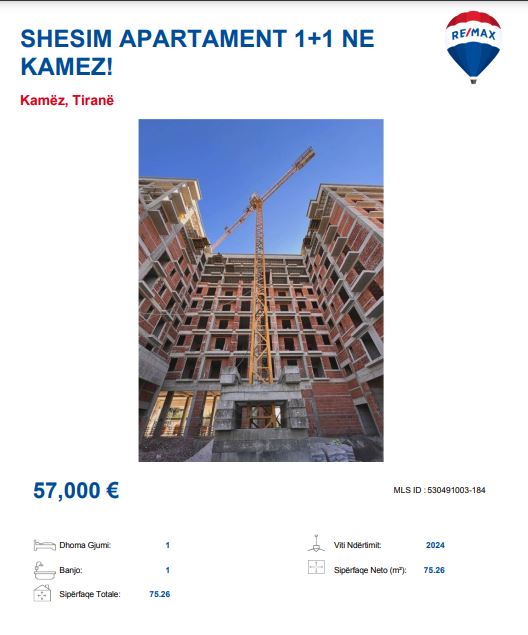Tirane, shitet apartament 1+1 Kati 3, 75 m² 57.000 € (Kamez)