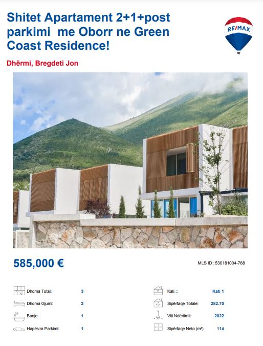 Dhermi - Palase, shitet apartament 2+1 Kati 0, 282 m² 585.000 € (Green Coast)