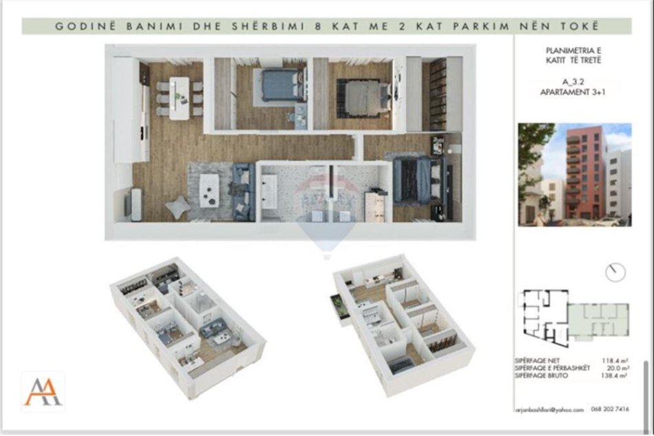 Tirane, shitet apartament 3+1 Kati 3, 138 m² 373,680 € (rruga Qamil Guranjaku - Rruga e Elbasanit)