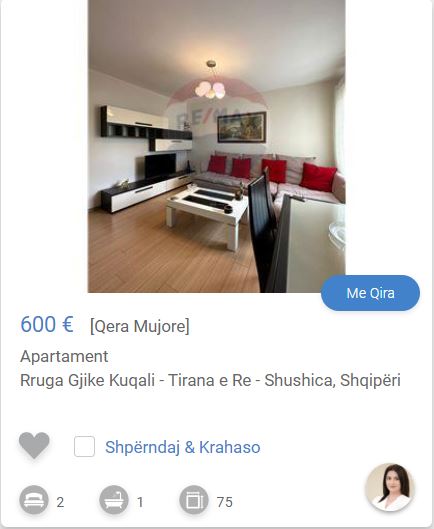 Shqiperi, jepet me qera apartament 1+1 Kati 4, 75 m² 600 € (tirana e re shushica)