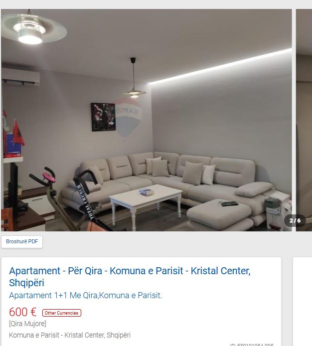 Tirane, jepet me qera apartament 1+1 Kati 5, 70 m² 600 € (KRISTAL CENTER KOMUNA E PARISIT)