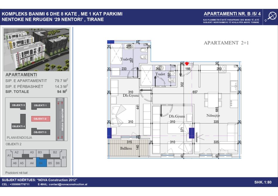 Tirane, shitet apartament 2+1 Kati 5, 94 m² 103,500 € (Rruga 29 Nentori)