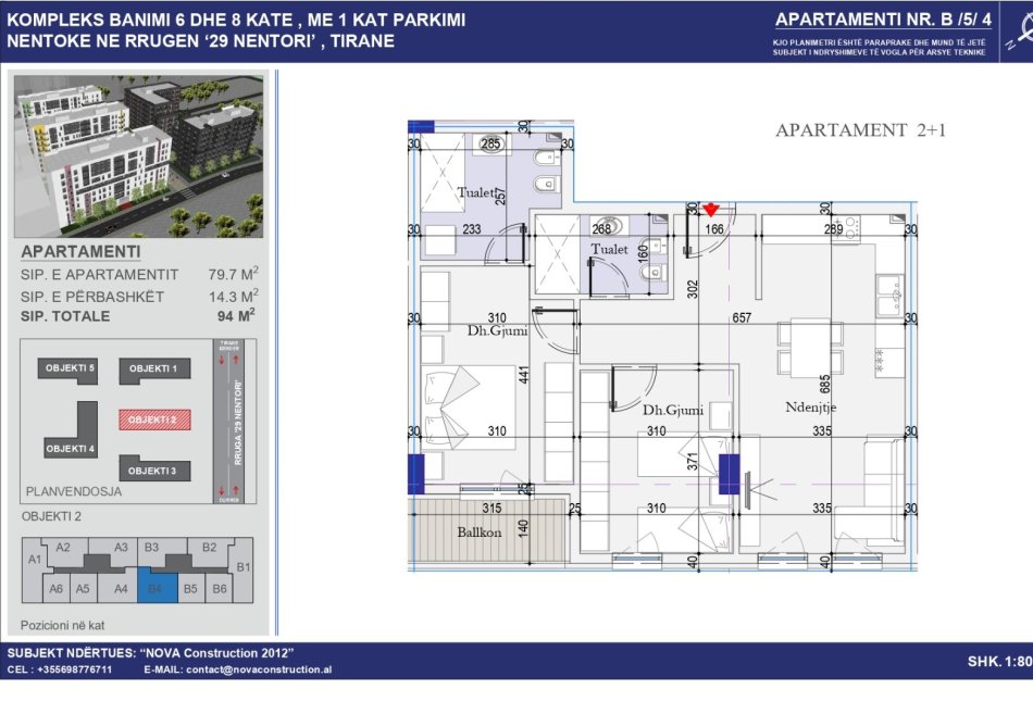 Tirane, shitet apartament 2+1+Ballkon Kati 5, 94 m² 103.500 € (Tirana Entry 2)