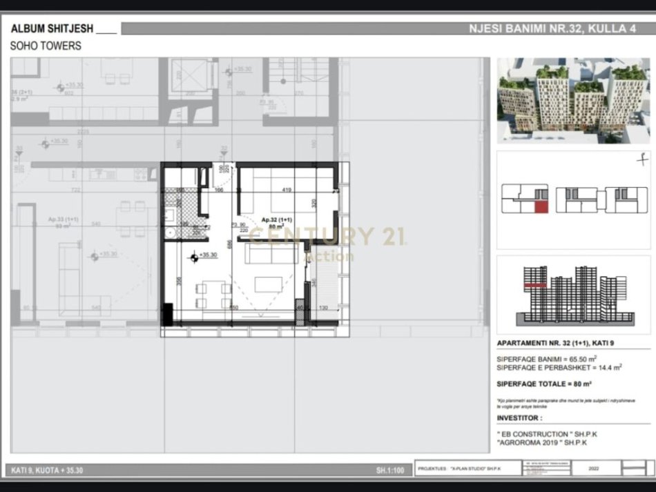 Tirane, shitet apartament 1+1 Kati 9, 80 m² 176.000 € (Muhamet Gjollesha, Tirana 1001, Albania)