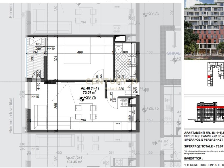 Tirane, shes apartament 1+1+Aneks+Ballkon Kati 8, 73 m² (FUSHA E AVIACIONIT)