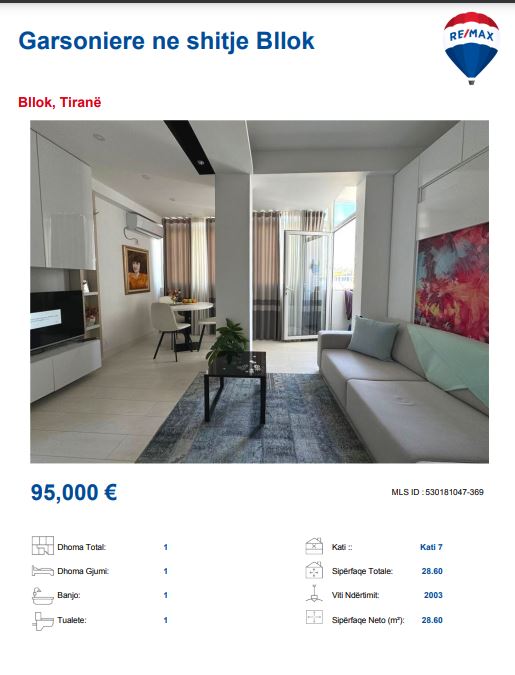 Tirane, shitet garsonier 1+1, Kati 7, 28 m² 95,000 € (BLLOK)