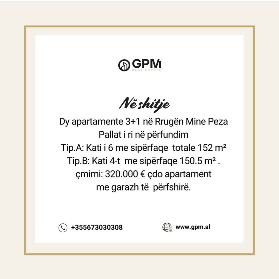 Ne shitje 2 Apartamente 3+1 ne Rrugen Mine Peza