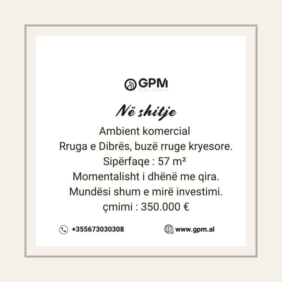 Tirane, shitet dyqan , 57 m² 350.000 € (Rruga e Dibres)