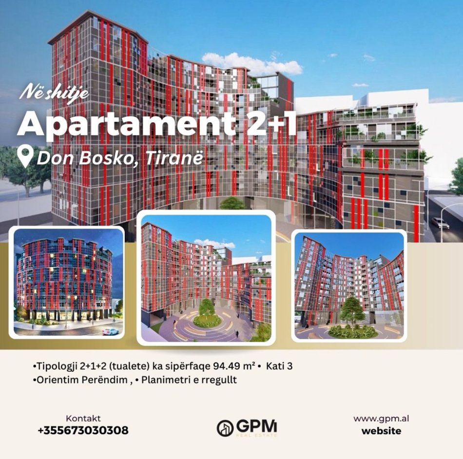 Tirane, shitet apartament 2+1 Kati 3, 95 m² (Don Bosko)