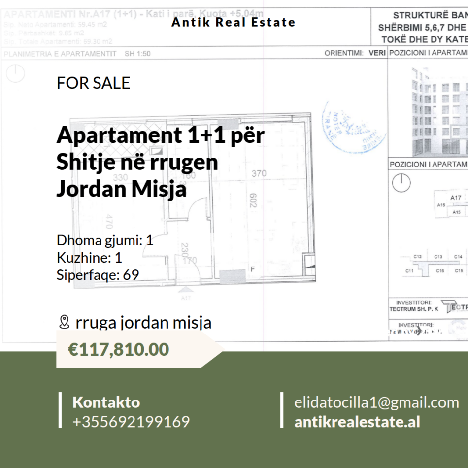Tirane, shitet apartament 1+1+Ballkon Kati 1, 70 m² 117.810 € 