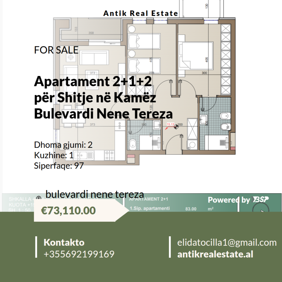 Tirane, shitet apartament 2+1+Ballkon Kati 3, 97 m² 73.110 € 