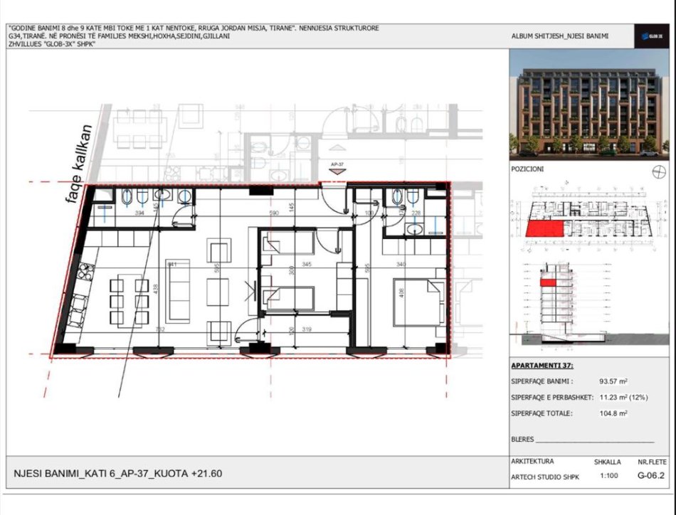 Tirane, shitet apartament 2+1 Kati 6, 104 m² (Jordan Misja)