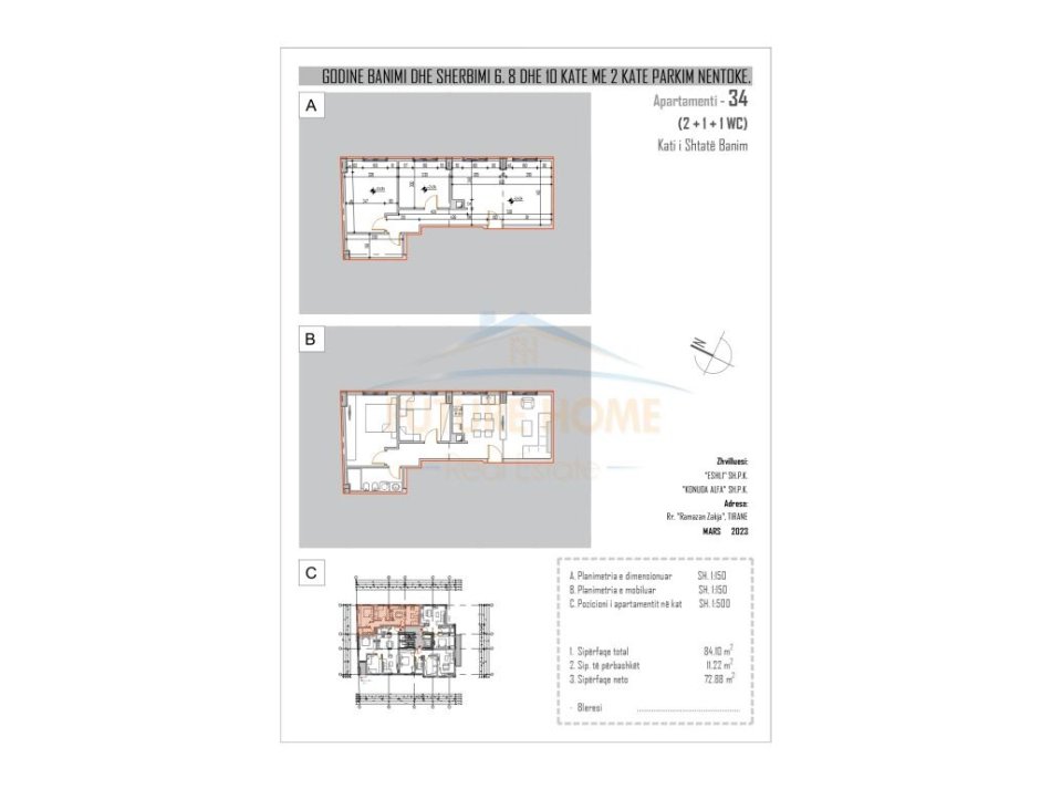 Tirane, shitet apartament 2+1 Kati 7, 84 m² 120,000 € (Sitki Cico)