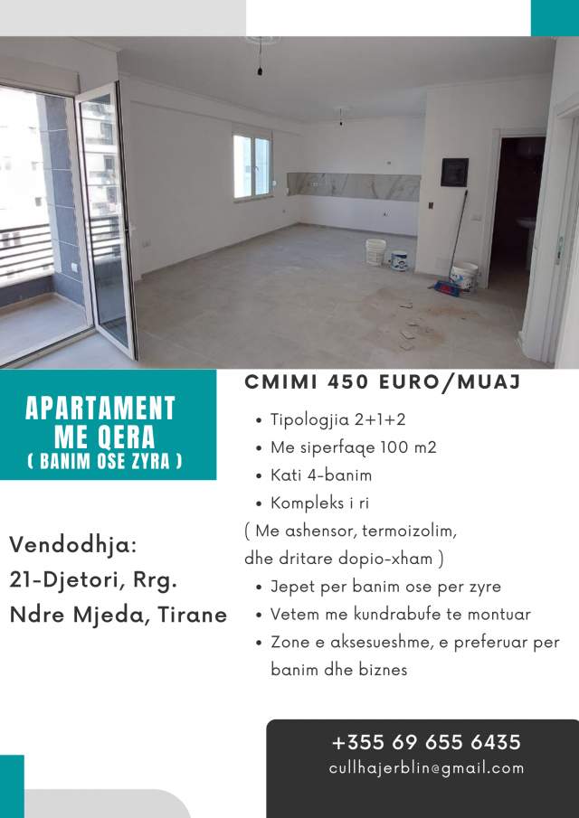 Tirane, jepet me qera apartament 2+1+BLK Kati 4, 100 m² 450 Euro (Rruga Ndre Mjeda)