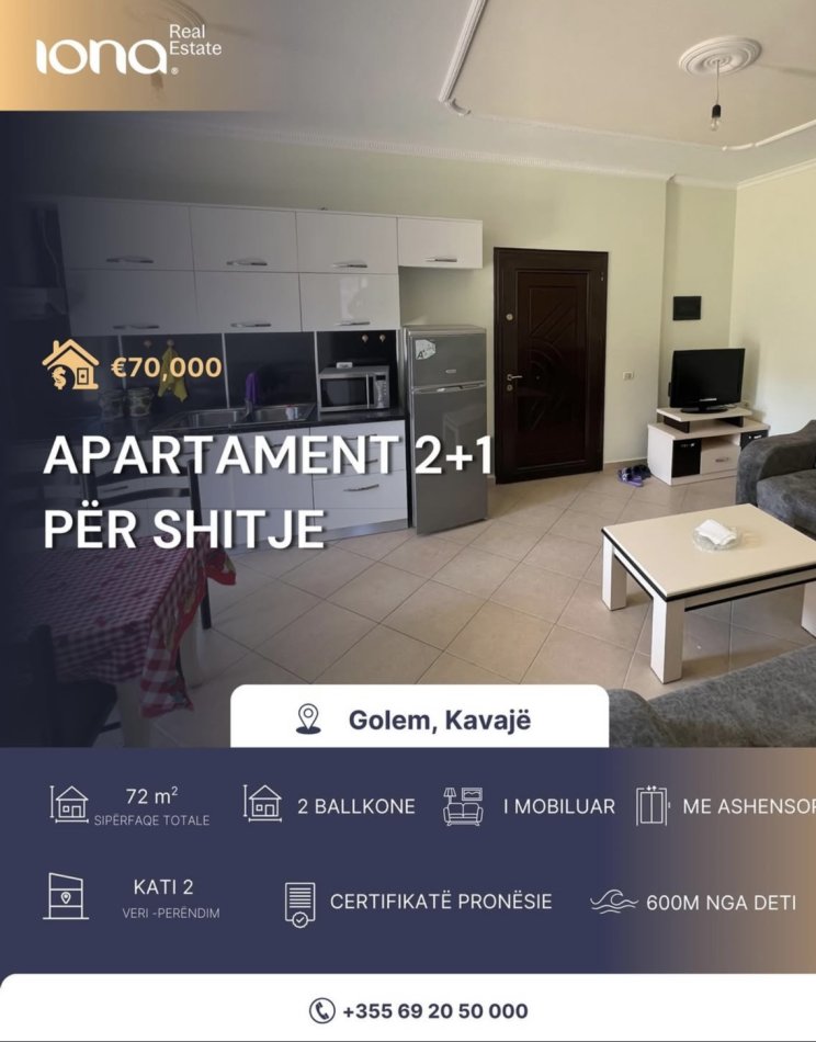 Golem, shitet apartament 2+1+Ballkon Kati 2, 72 m² 70.000 €