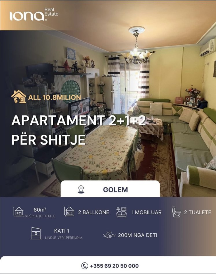 Golem, shitet apartament 2+1+Ballkon Kati 1, 80 m²