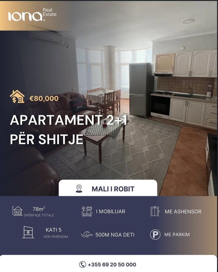 Mali Robit, shitet apartament 2+1 Kati 5, 78 m² 80.000 € 