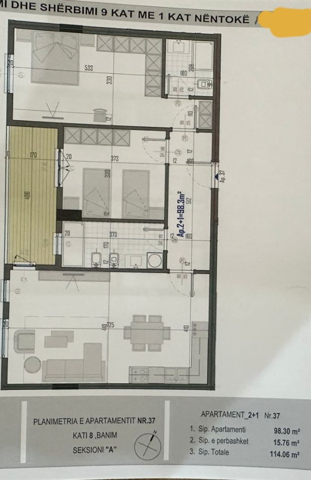 Tirane, shitet apartament 2+1+Ballkon Kati 8,sip  114 m² (KAMEZ)