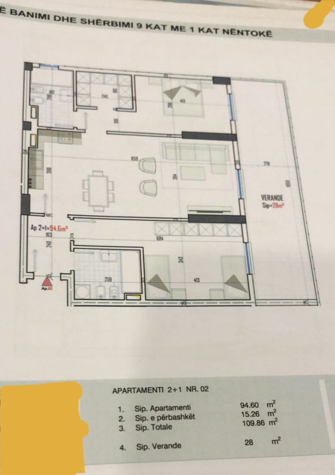 Tirane, shitet apartament 2+1+verandë, Kati 2,sipërfaqe  110 m²,çmimi 850 euro/m2 (Kamez)