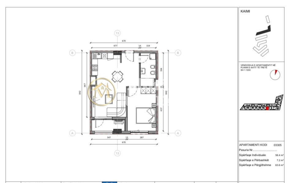 Tirane, shitet apartament 1+1 Kati 3, 63 m² 85.200 € (Ali Demi/Kompleksi Kaimi)