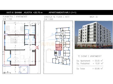 Tirane, shitet apartament 1+1 Kati 6, 55 m² 56.500 € (Bulevardi Donald Trump, Kamez AREA43956)