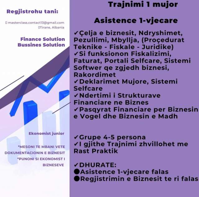 Tirane, ofrohet part time mbasdite Trajnimi 1 mujor, Asistence 1-vjecare.